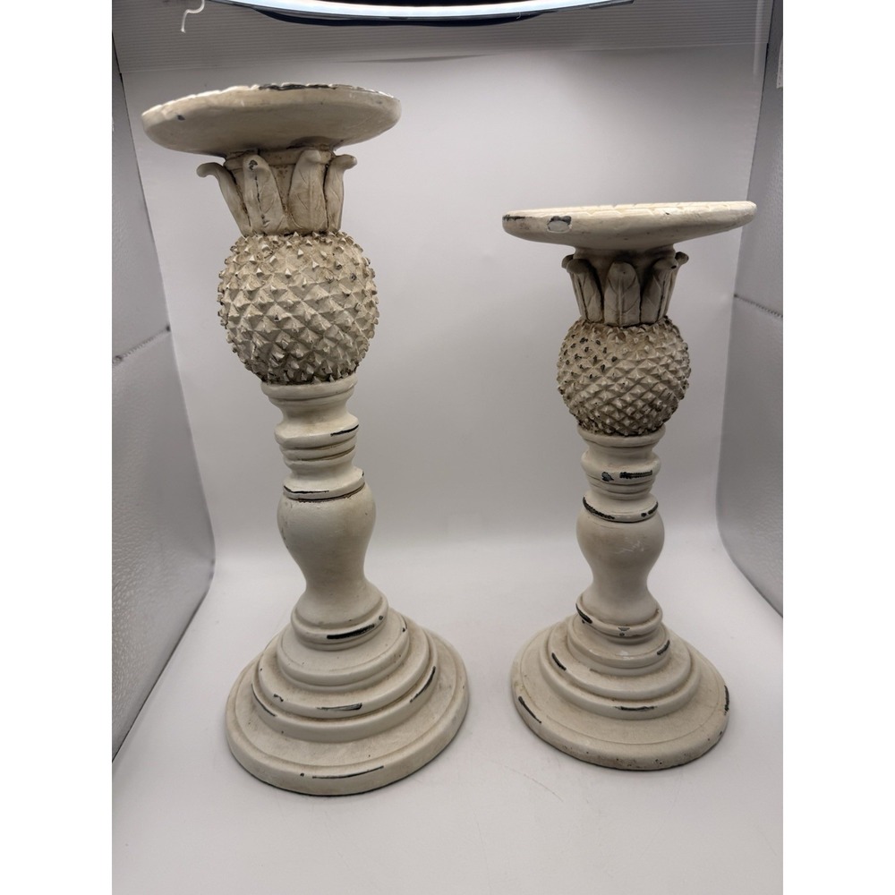 Distressed White Pineapple Candle Holders Set Farmhouse Coastal Decor
